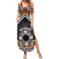 Personalised Aotearoa Niho Taniwha Motif Family Matching Summer Maxi Dress and Hawaiian Shirt Gold Style LT9 Mom's Dress Gold - Polynesian Pride