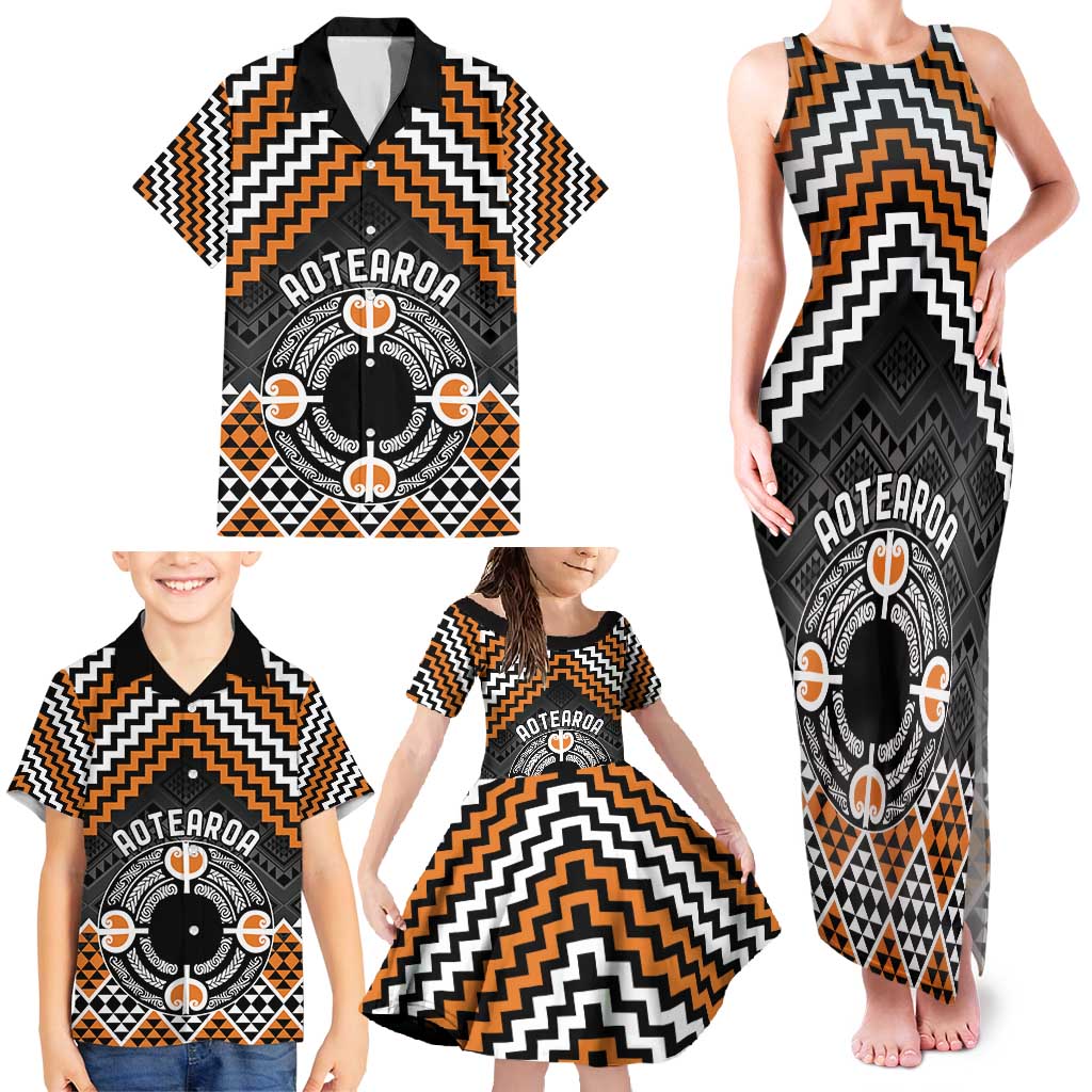 Personalised Aotearoa Niho Taniwha Motif Family Matching Tank Maxi Dress and Hawaiian Shirt Gold Style LT9 - Polynesian Pride