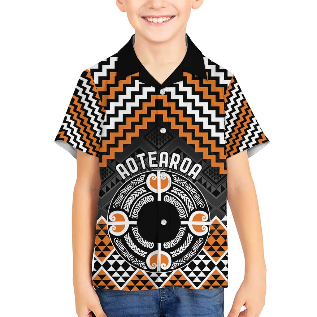 Personalised Aotearoa Niho Taniwha Motif Kid Hawaiian Shirt Gold Style LT9 Kid Gold - Polynesian Pride