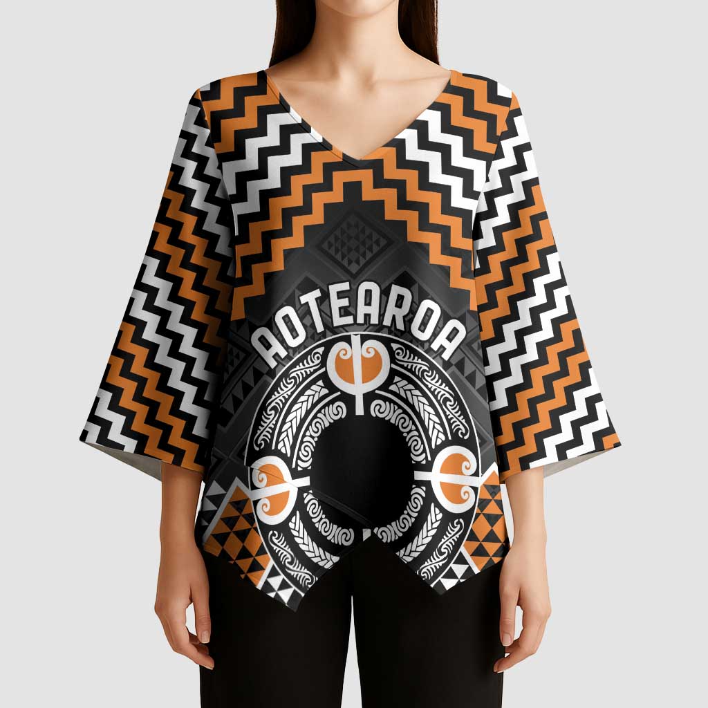 Personalised Aotearoa Niho Taniwha Motif Kimono Sleeve Blouse Gold Style - Polynesian Pride
