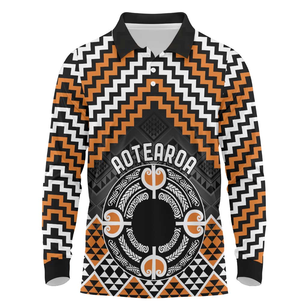 Personalised Aotearoa Niho Taniwha Motif Long Sleeve Polo Shirt Gold Style LT9 Gold - Polynesian Pride