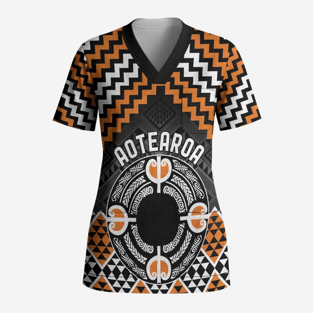 Personalised Aotearoa Niho Taniwha Motif Scrub Top Gold Style - Polynesian Pride
