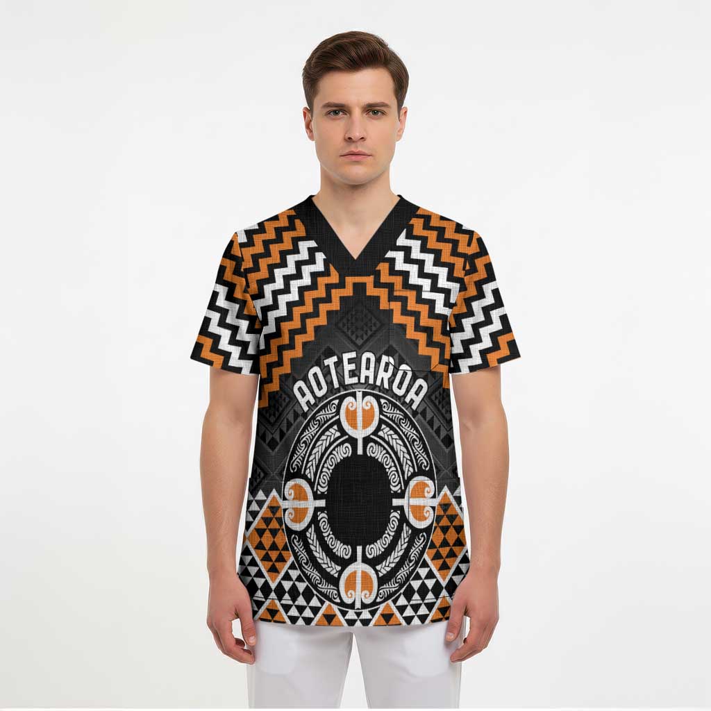 Personalised Aotearoa Niho Taniwha Motif Scrub Top Gold Style - Polynesian Pride