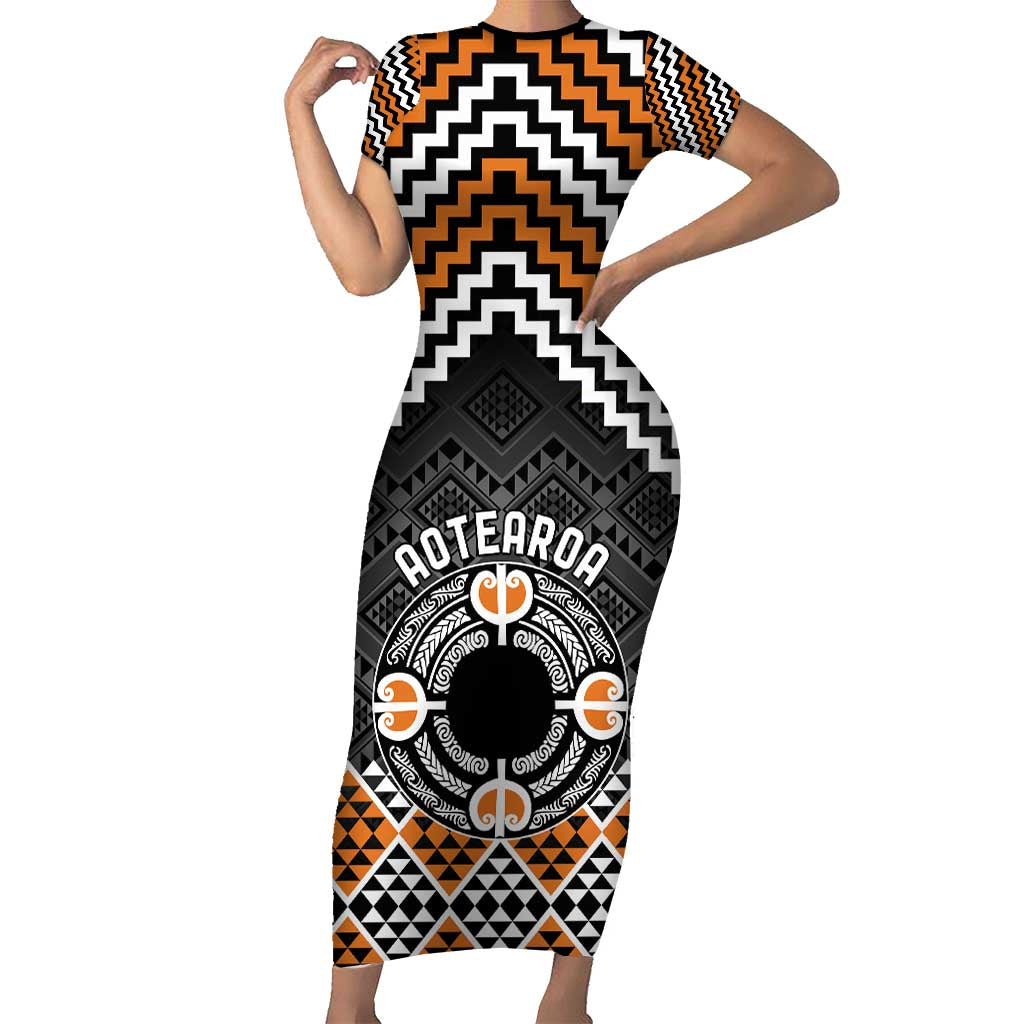 Personalised Aotearoa Niho Taniwha Motif Short Sleeve Bodycon Dress Gold Style LT9 Long Dress Gold - Polynesian Pride