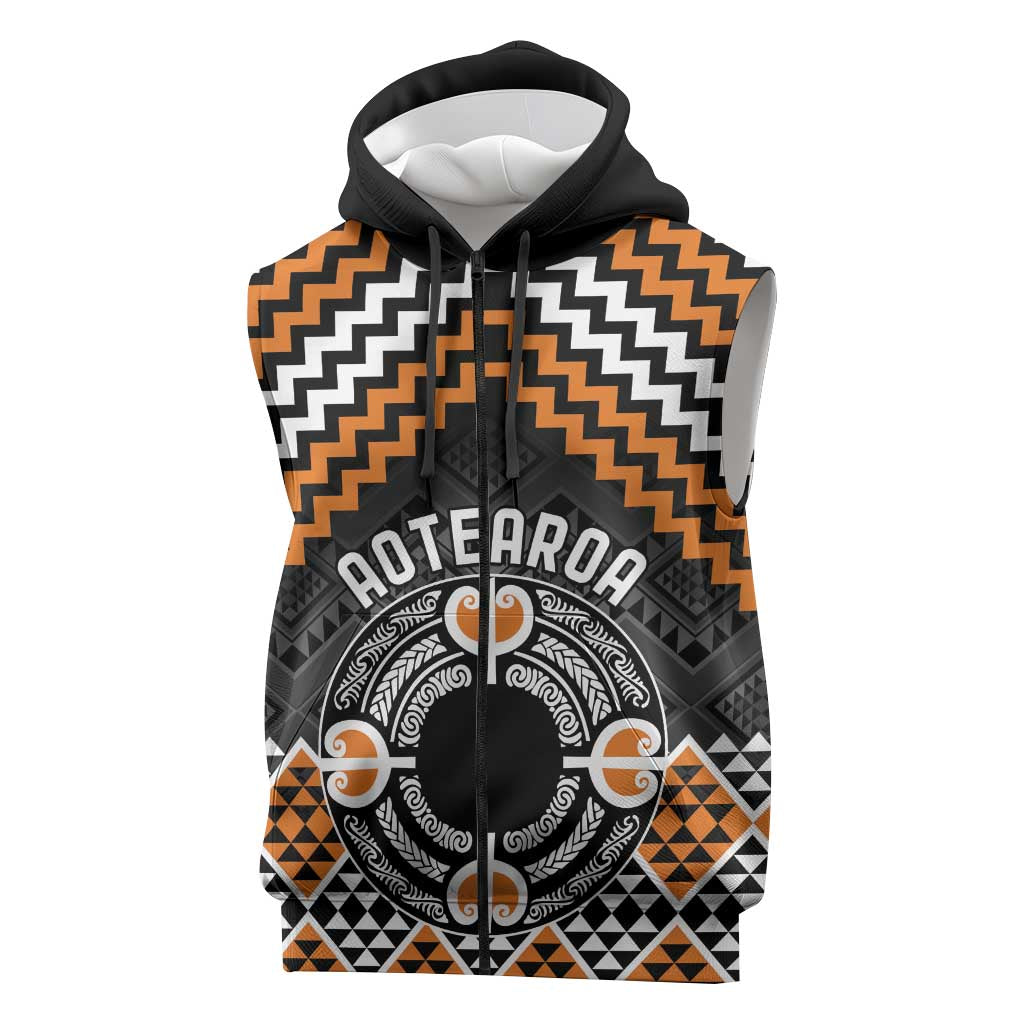 Personalised Aotearoa Niho Taniwha Motif Sleeveless Zip Hoodie Gold Style - Polynesian Pride