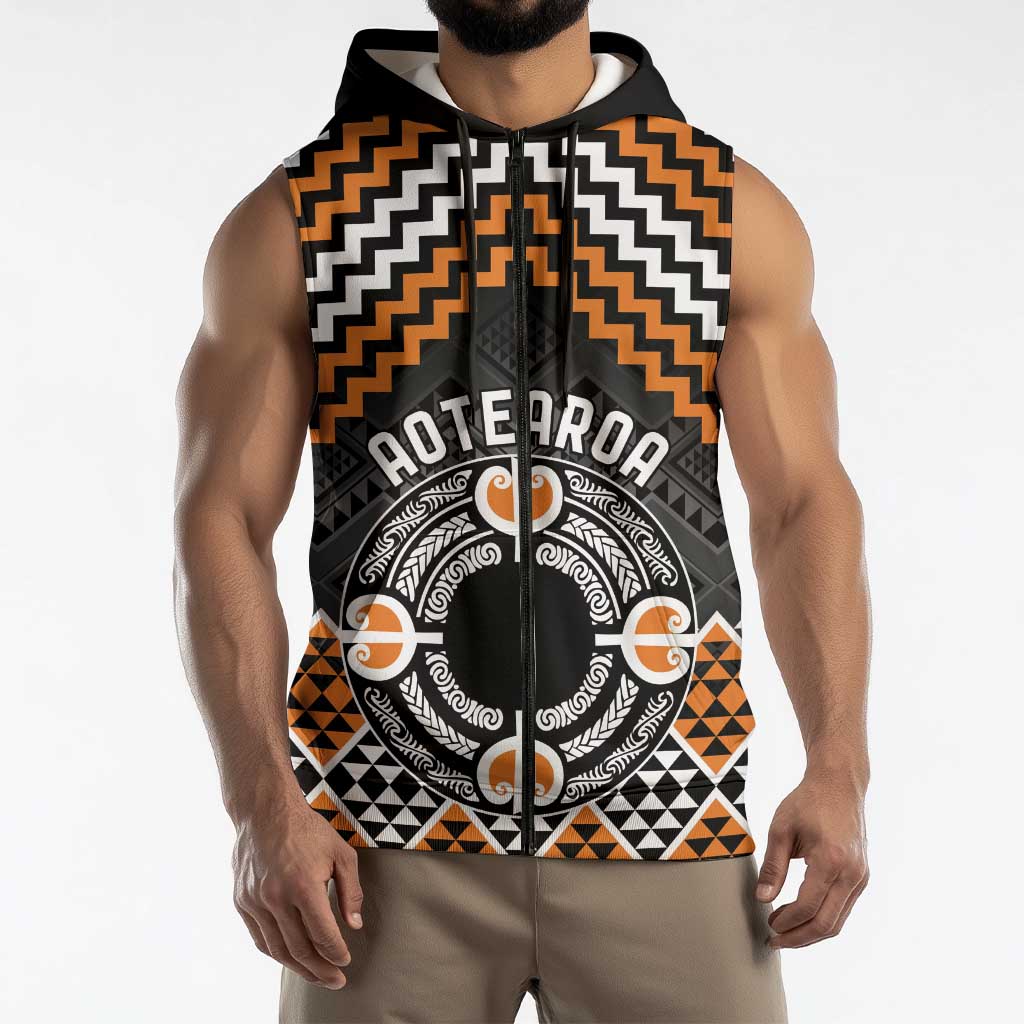 Personalised Aotearoa Niho Taniwha Motif Sleeveless Zip Hoodie Gold Style - Polynesian Pride