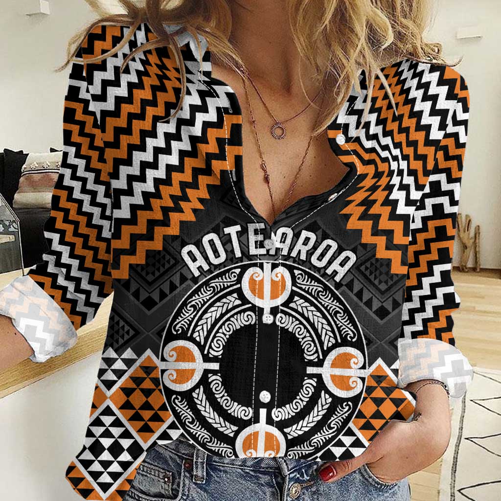 Personalised Aotearoa Niho Taniwha Motif Women Casual Shirt Gold Style LT9 Female Gold - Polynesian Pride