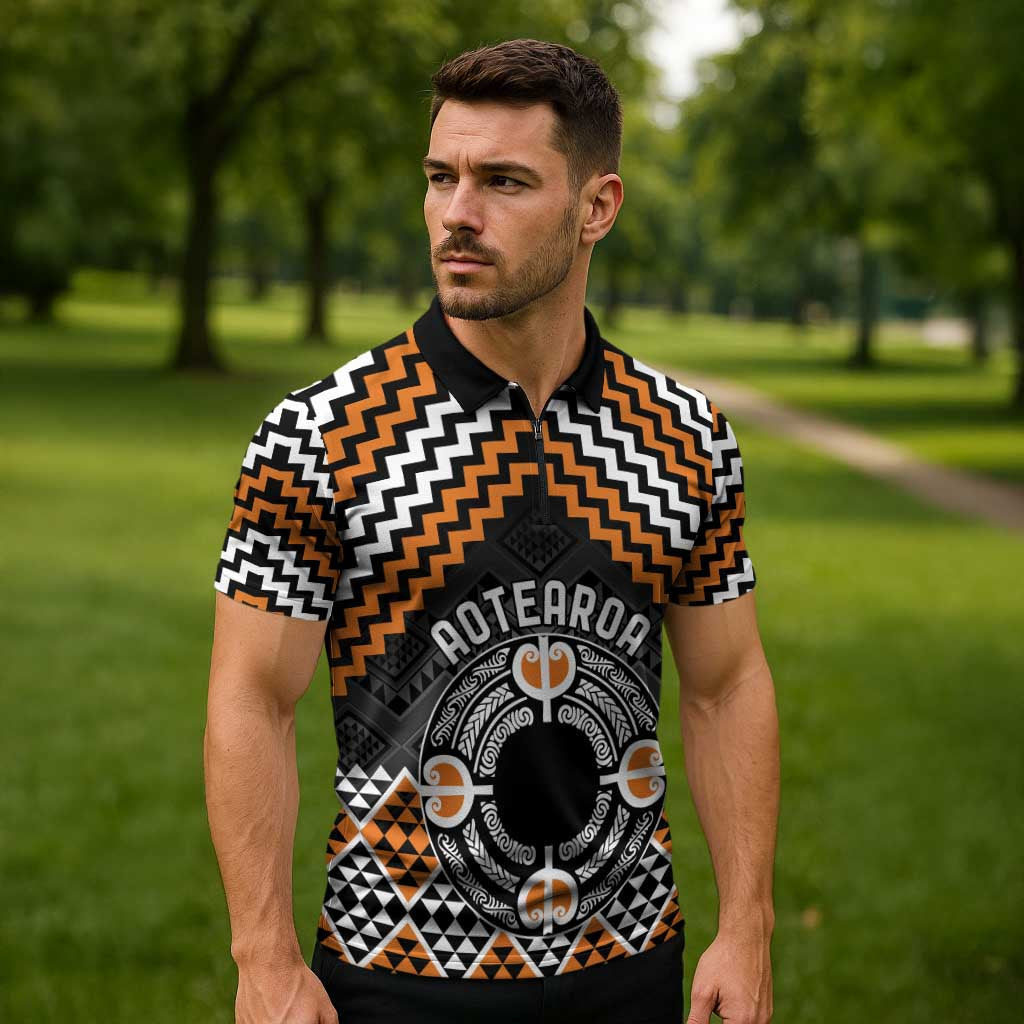 Personalised Aotearoa Niho Taniwha Motif Zipper Polo Shirt Gold Style - Polynesian Pride