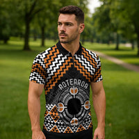 Personalised Aotearoa Niho Taniwha Motif Zipper Polo Shirt Gold Style - Polynesian Pride