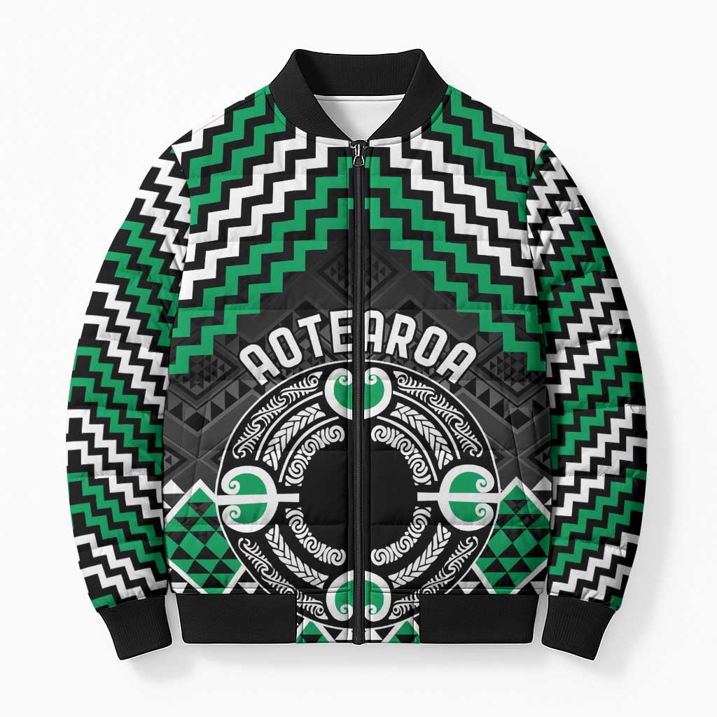 Personalised Aotearoa Niho Taniwha Motif Bomber Puffer Jacket Green Style LT9 Unisex Green - Polynesian Pride