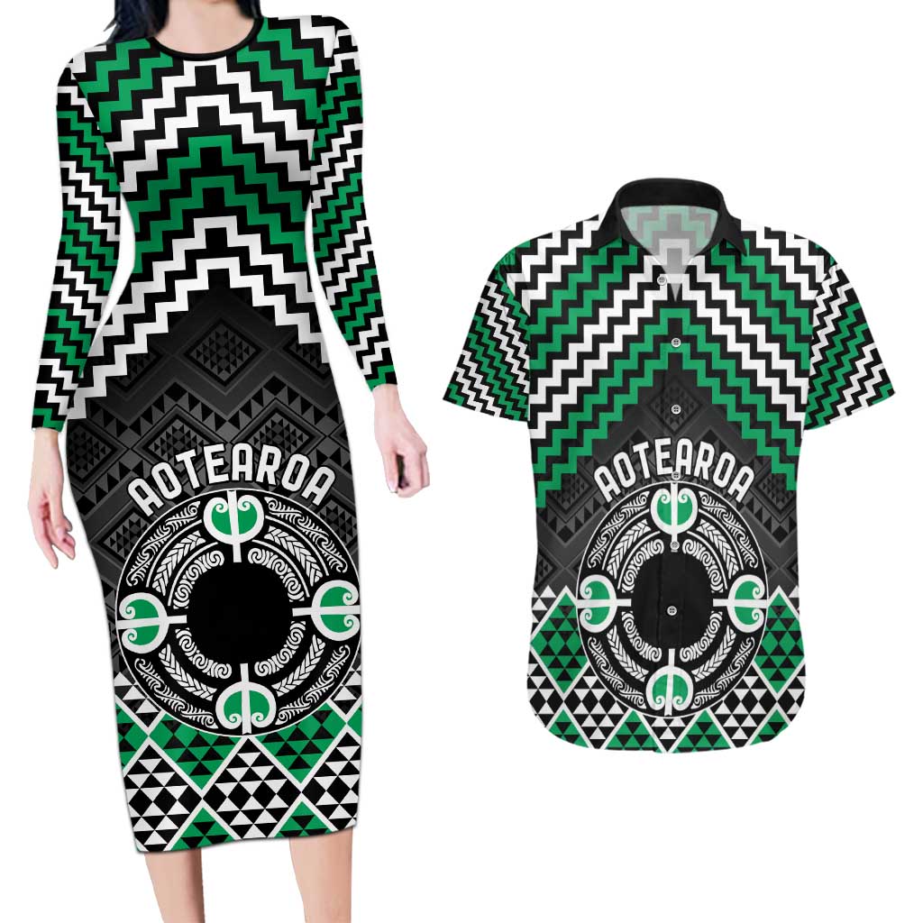 Personalised Aotearoa Niho Taniwha Motif Couples Matching Long Sleeve Bodycon Dress and Hawaiian Shirt Green Style LT9 Green - Polynesian Pride