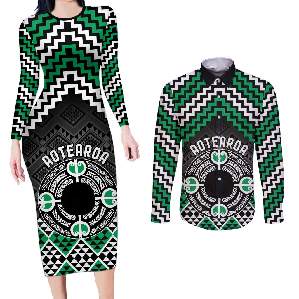 Personalised Aotearoa Niho Taniwha Motif Couples Matching Long Sleeve Bodycon Dress and Long Sleeve Button Shirt Green Style LT9 Green - Polynesian Pride