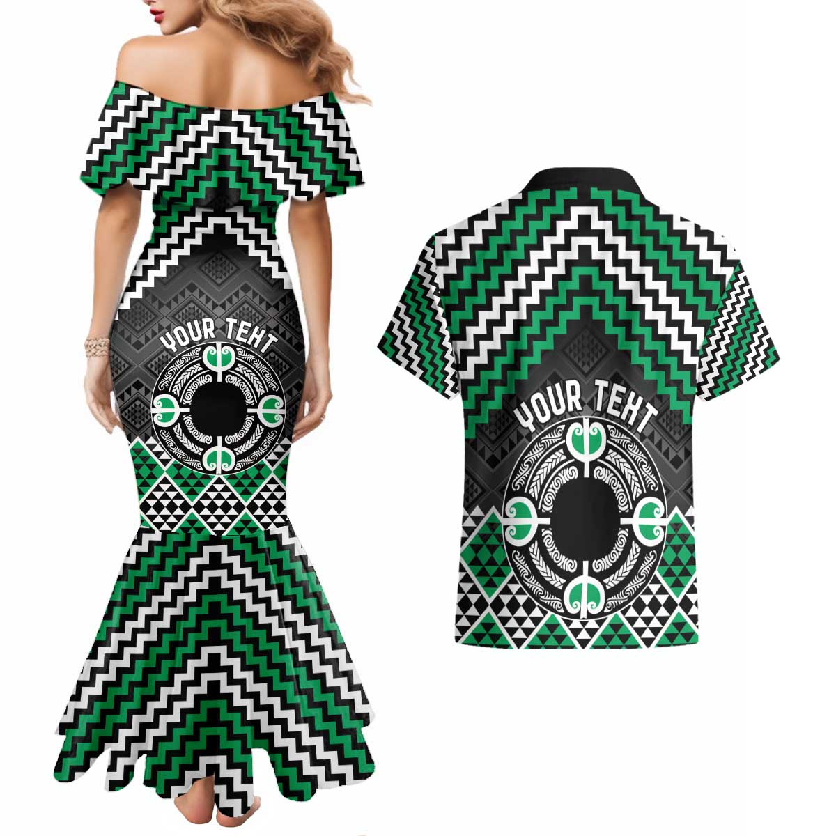 Personalised Aotearoa Niho Taniwha Motif Couples Matching Mermaid Dress and Hawaiian Shirt Green Style LT9 - Polynesian Pride