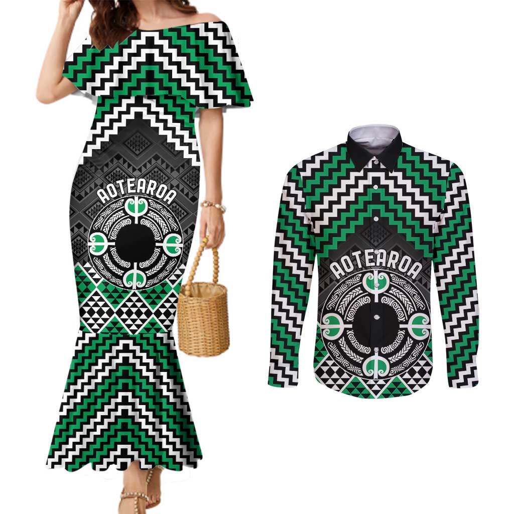 Personalised Aotearoa Niho Taniwha Motif Couples Matching Mermaid Dress and Long Sleeve Button Shirt Green Style LT9 Green - Polynesian Pride