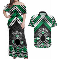 Personalised Aotearoa Niho Taniwha Motif Couples Matching Off Shoulder Maxi Dress and Hawaiian Shirt Green Style LT9 Green - Polynesian Pride