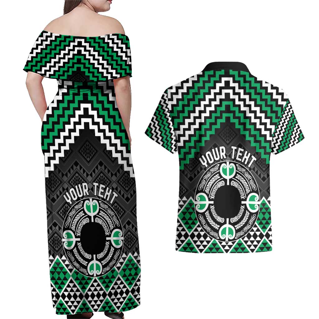 Personalised Aotearoa Niho Taniwha Motif Couples Matching Off Shoulder Maxi Dress and Hawaiian Shirt Green Style LT9 - Polynesian Pride