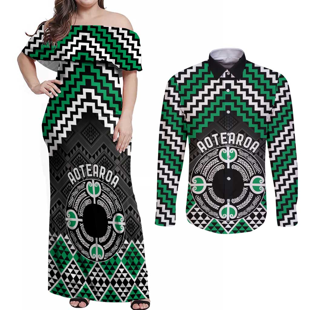 Personalised Aotearoa Niho Taniwha Motif Couples Matching Off Shoulder Maxi Dress and Long Sleeve Button Shirt Green Style LT9 Green - Polynesian Pride