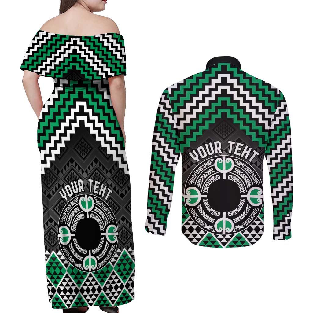 Personalised Aotearoa Niho Taniwha Motif Couples Matching Off Shoulder Maxi Dress and Long Sleeve Button Shirt Green Style