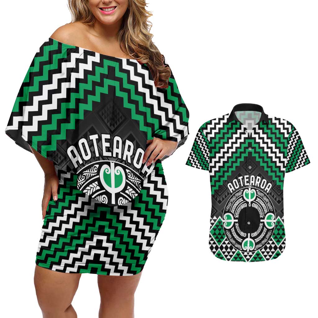 Personalised Aotearoa Niho Taniwha Motif Couples Matching Off Shoulder Short Dress and Hawaiian Shirt Green Style LT9 Green - Polynesian Pride