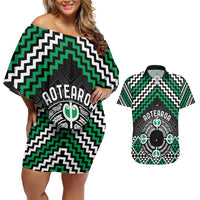 Personalised Aotearoa Niho Taniwha Motif Couples Matching Off Shoulder Short Dress and Hawaiian Shirt Green Style LT9 Green - Polynesian Pride