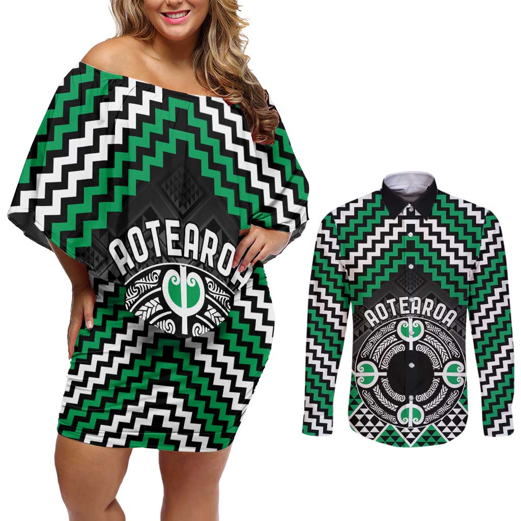 Personalised Aotearoa Niho Taniwha Motif Couples Matching Off Shoulder Short Dress and Long Sleeve Button Shirt Green Style LT9 Green - Polynesian Pride