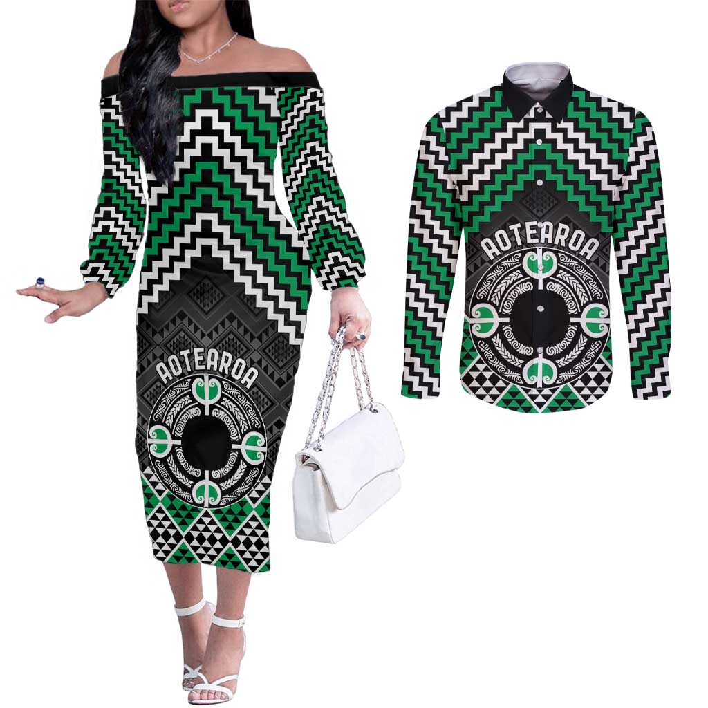 Personalised Aotearoa Niho Taniwha Motif Couples Matching Off The Shoulder Long Sleeve Dress and Long Sleeve Button Shirt Green Style LT9 Green - Polynesian Pride