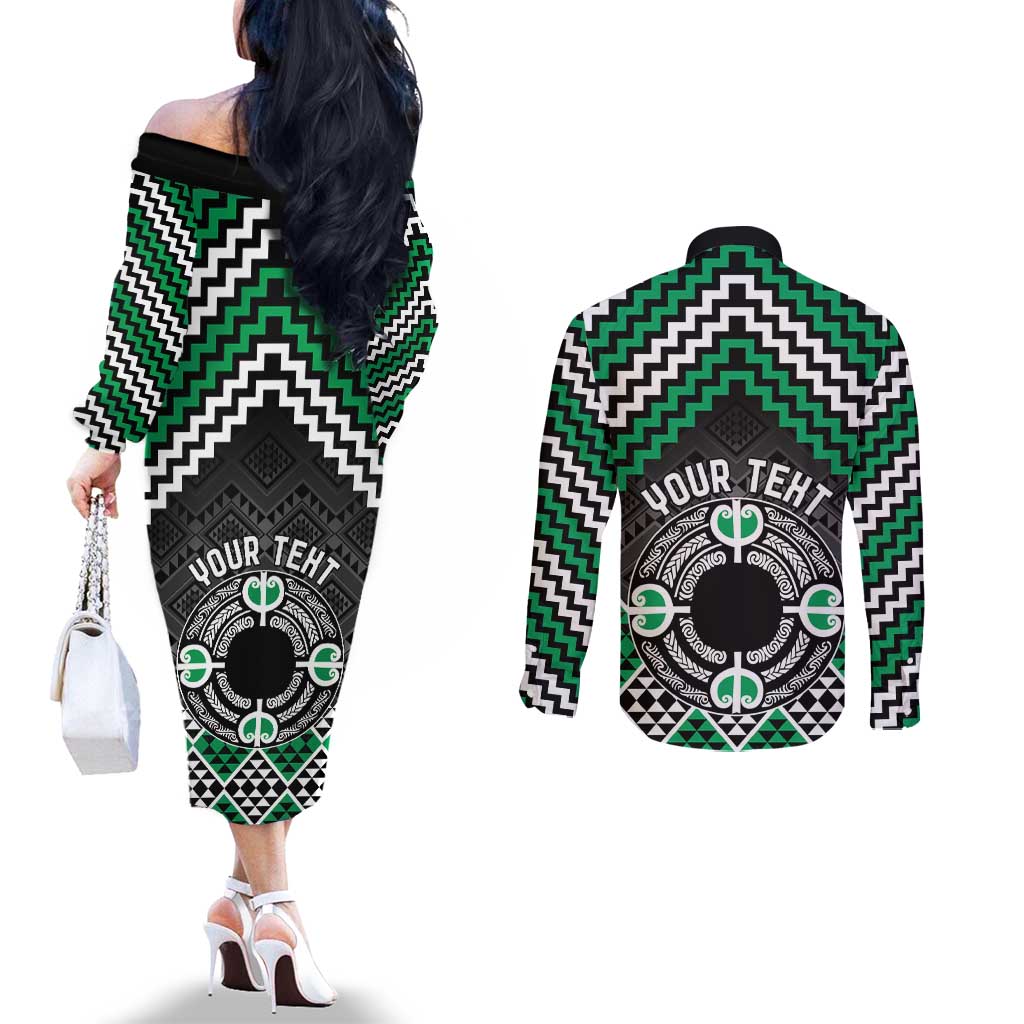 Personalised Aotearoa Niho Taniwha Motif Couples Matching Off The Shoulder Long Sleeve Dress and Long Sleeve Button Shirt Green Style LT9 - Polynesian Pride