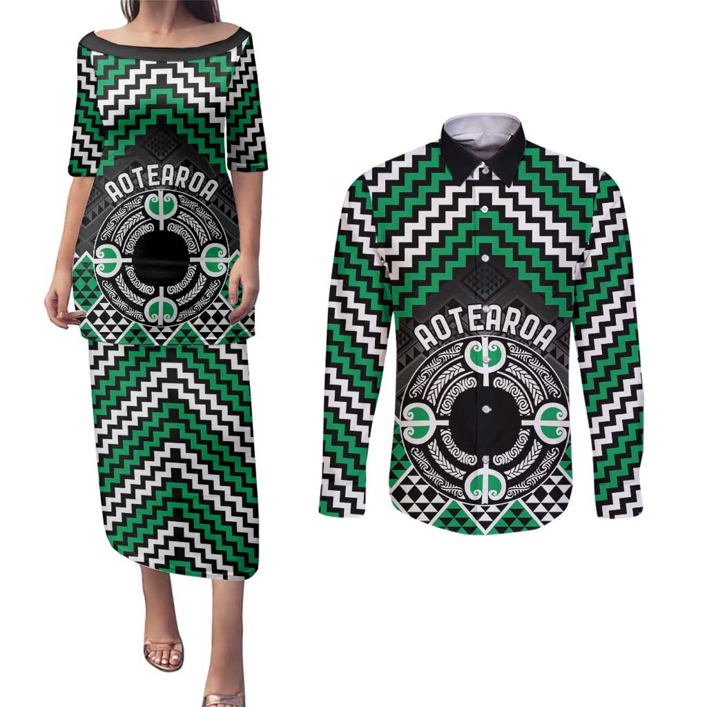 Personalised Aotearoa Niho Taniwha Motif Couples Matching Puletasi and Long Sleeve Button Shirt Green Style LT9 Green - Polynesian Pride