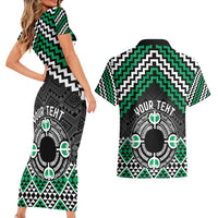 Personalised Aotearoa Niho Taniwha Motif Couples Matching Short Sleeve Bodycon Dress and Hawaiian Shirt Green Style LT9 - Polynesian Pride