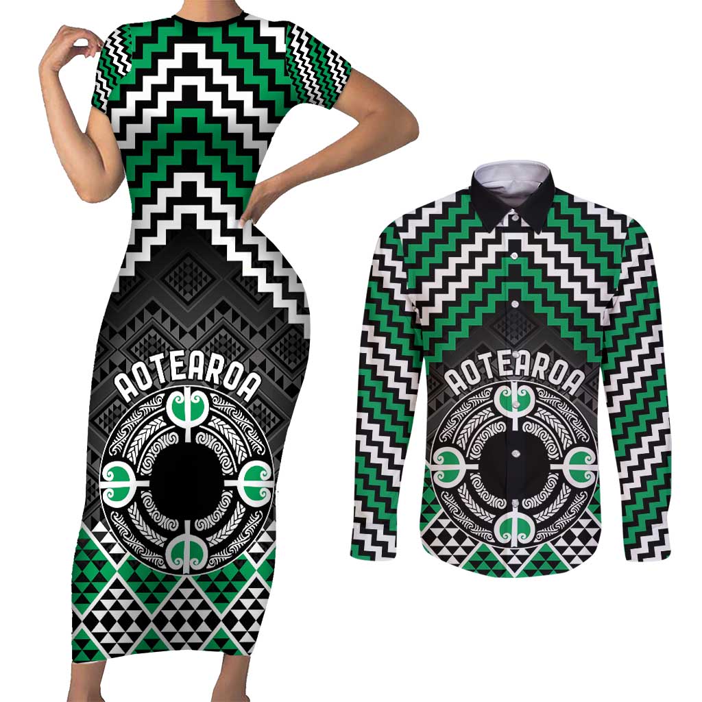 Personalised Aotearoa Niho Taniwha Motif Couples Matching Short Sleeve Bodycon Dress and Long Sleeve Button Shirt Green Style LT9 Green - Polynesian Pride