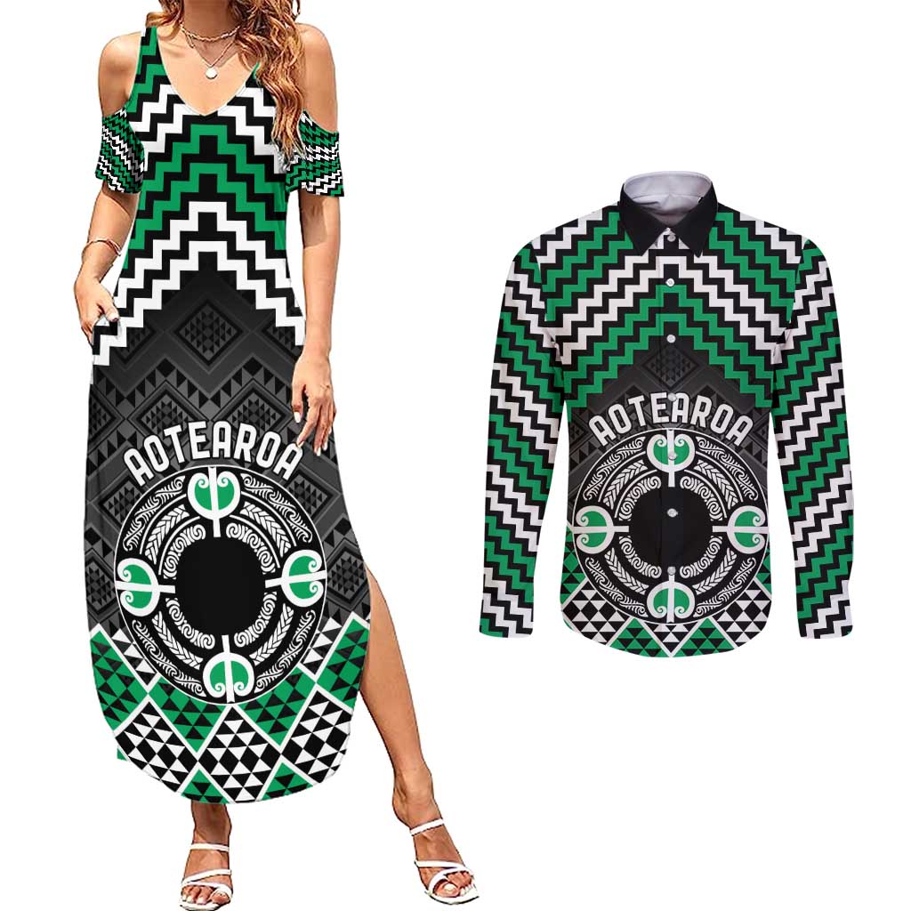 Personalised Aotearoa Niho Taniwha Motif Couples Matching Summer Maxi Dress and Long Sleeve Button Shirt Green Style LT9 Green - Polynesian Pride