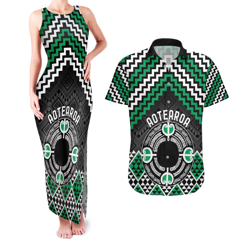 Personalised Aotearoa Niho Taniwha Motif Couples Matching Tank Maxi Dress and Hawaiian Shirt Green Style LT9 Green - Polynesian Pride
