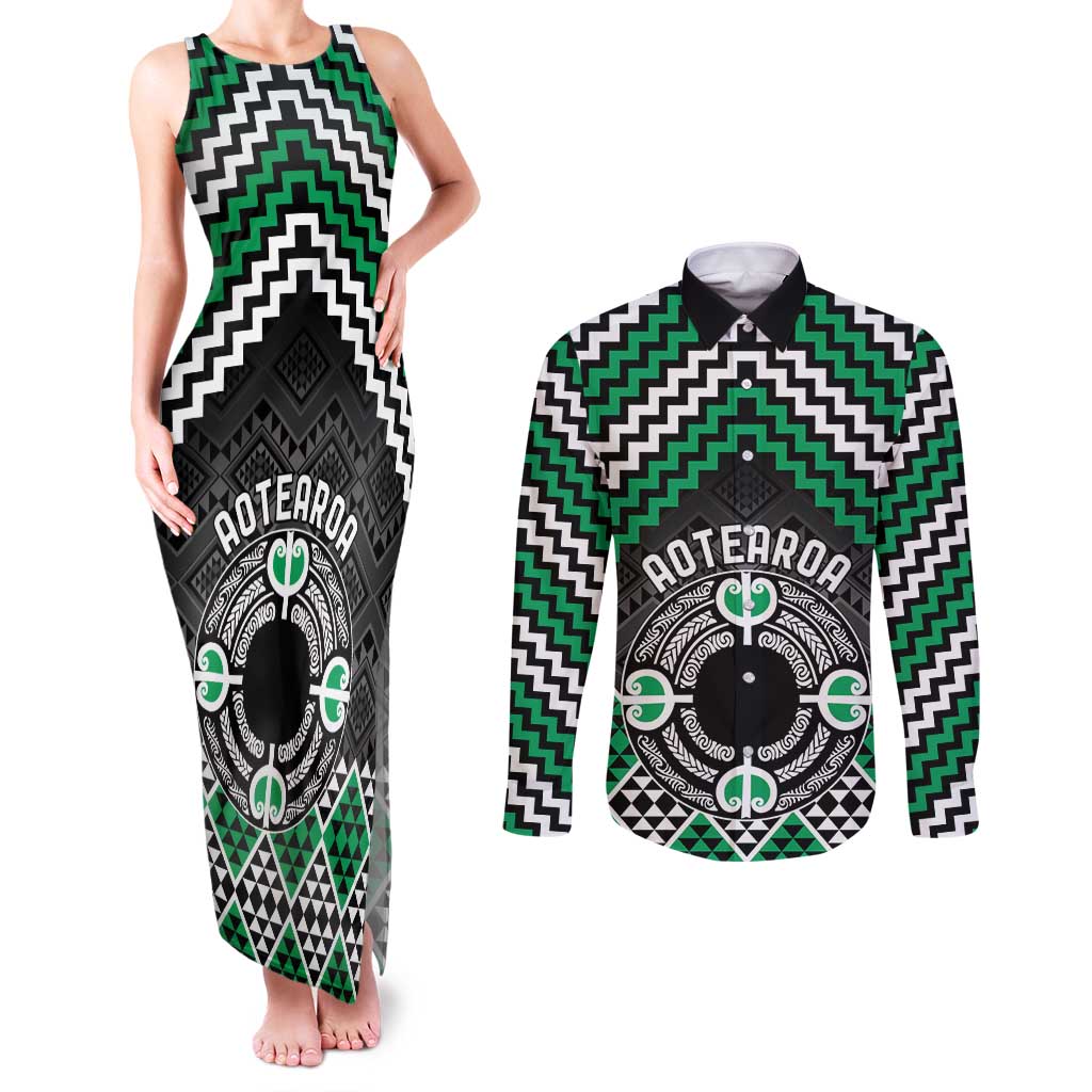 Personalised Aotearoa Niho Taniwha Motif Couples Matching Tank Maxi Dress and Long Sleeve Button Shirt Green Style LT9 Green - Polynesian Pride