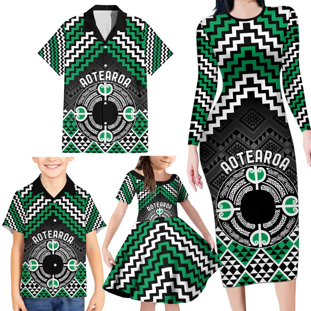 Personalised Aotearoa Niho Taniwha Motif Family Matching Long Sleeve Bodycon Dress and Hawaiian Shirt Green Style LT9 - Polynesian Pride