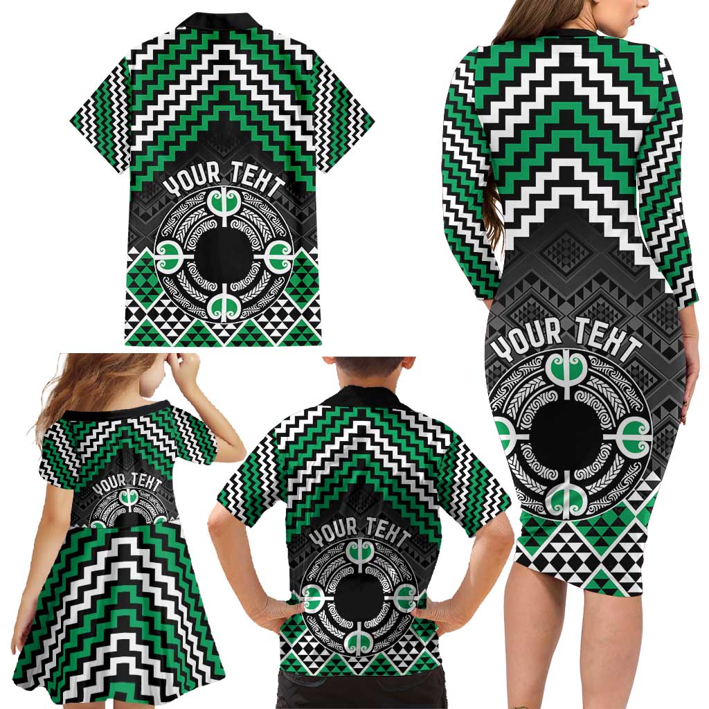 Personalised Aotearoa Niho Taniwha Motif Family Matching Long Sleeve Bodycon Dress and Hawaiian Shirt Green Style LT9 - Polynesian Pride