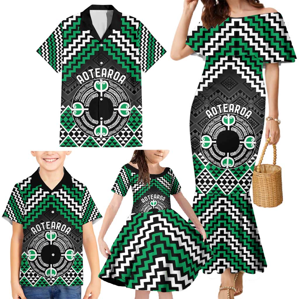 Personalised Aotearoa Niho Taniwha Motif Family Matching Mermaid Dress and Hawaiian Shirt Green Style LT9 - Polynesian Pride