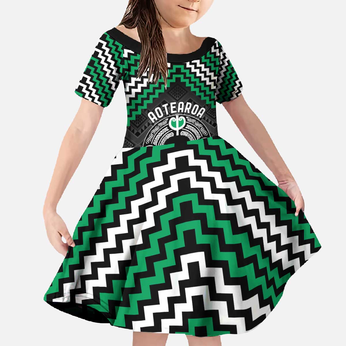 Personalised Aotearoa Niho Taniwha Motif Family Matching Off The Shoulder Long Sleeve Dress and Hawaiian Shirt Green Style LT9 Daughter's Dress Green - Polynesian Pride