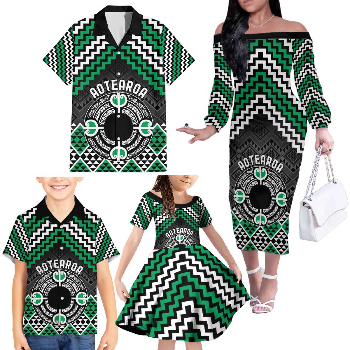 Personalised Aotearoa Niho Taniwha Motif Family Matching Off The Shoulder Long Sleeve Dress and Hawaiian Shirt Green Style LT9 - Polynesian Pride