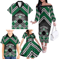 Personalised Aotearoa Niho Taniwha Motif Family Matching Off The Shoulder Long Sleeve Dress and Hawaiian Shirt Green Style LT9 - Polynesian Pride