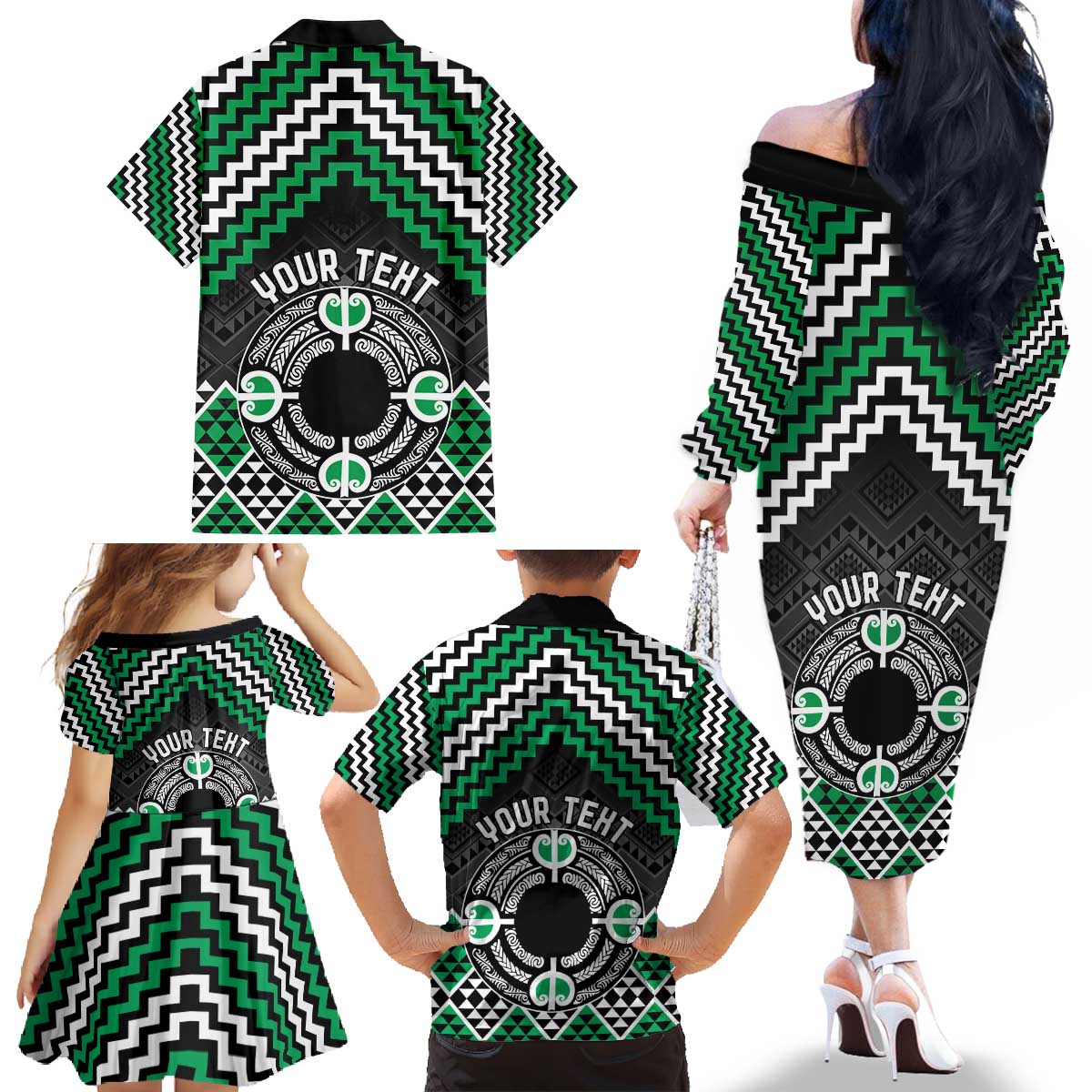 Personalised Aotearoa Niho Taniwha Motif Family Matching Off The Shoulder Long Sleeve Dress and Hawaiian Shirt Green Style LT9 - Polynesian Pride
