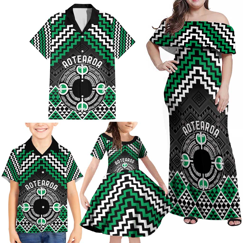 Personalised Aotearoa Niho Taniwha Motif Family Matching Off Shoulder Maxi Dress and Hawaiian Shirt Green Style LT9 - Polynesian Pride