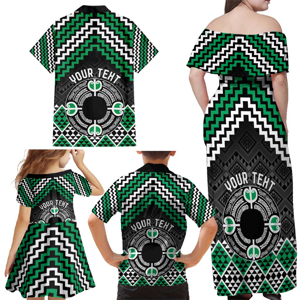 Personalised Aotearoa Niho Taniwha Motif Family Matching Off Shoulder Maxi Dress and Hawaiian Shirt Green Style LT9 - Polynesian Pride