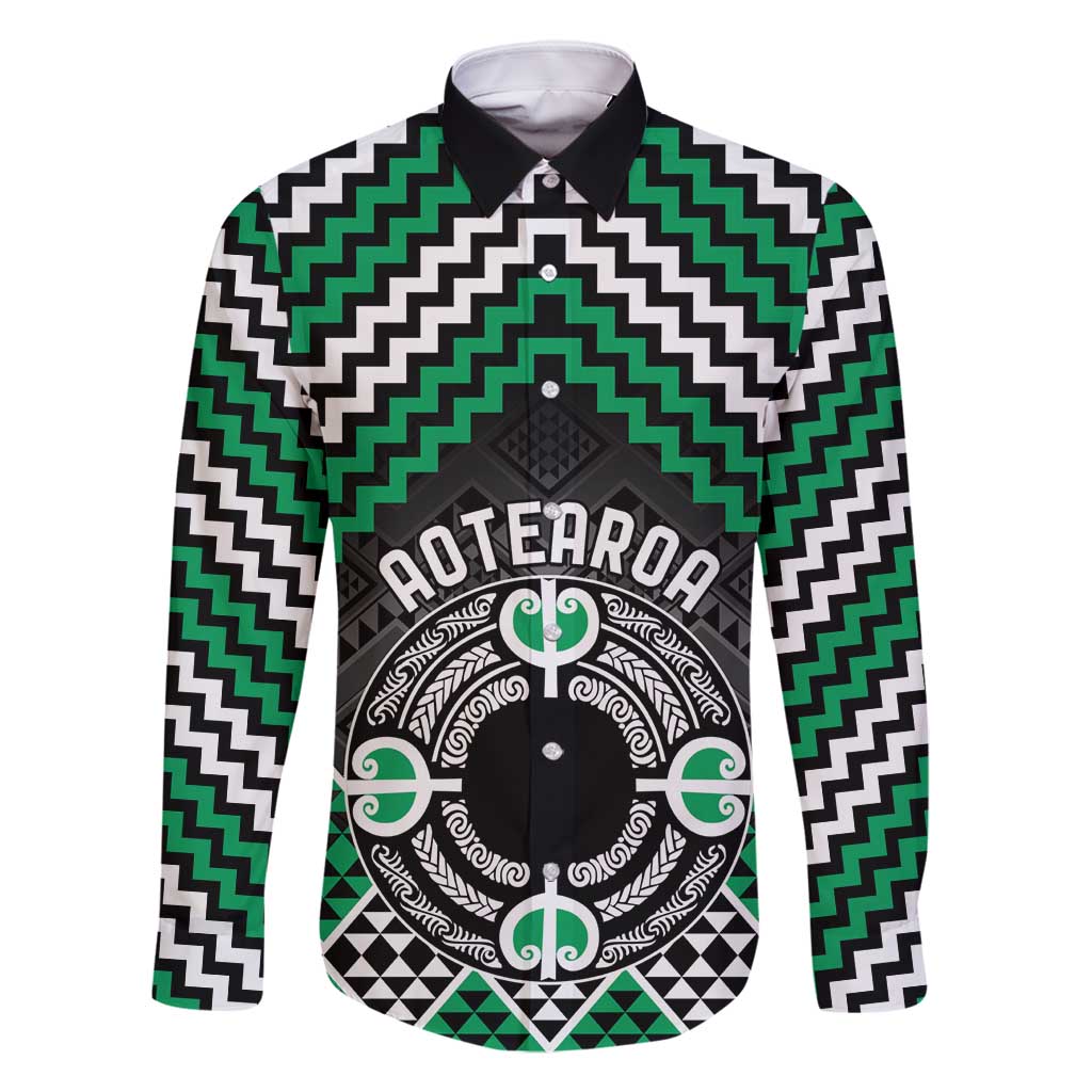 Personalised Aotearoa Niho Taniwha Motif Family Matching Off Shoulder Maxi Dress and Hawaiian Shirt Green Style LT9 Dad's Shirt - Long Sleeve Green - Polynesian Pride