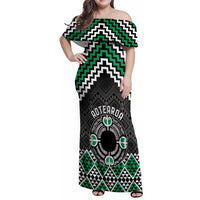 Personalised Aotearoa Niho Taniwha Motif Family Matching Off Shoulder Maxi Dress and Hawaiian Shirt Green Style LT9 Mom's Dress Green - Polynesian Pride