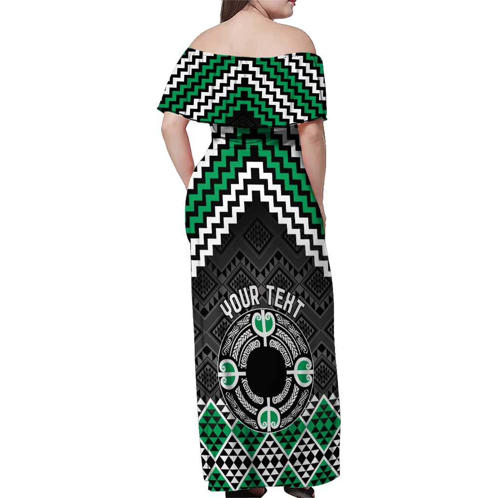 Personalised Aotearoa Niho Taniwha Motif Family Matching Off Shoulder Maxi Dress and Hawaiian Shirt Green Style LT9 - Polynesian Pride