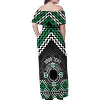 Personalised Aotearoa Niho Taniwha Motif Family Matching Off Shoulder Maxi Dress and Hawaiian Shirt Green Style LT9 - Polynesian Pride