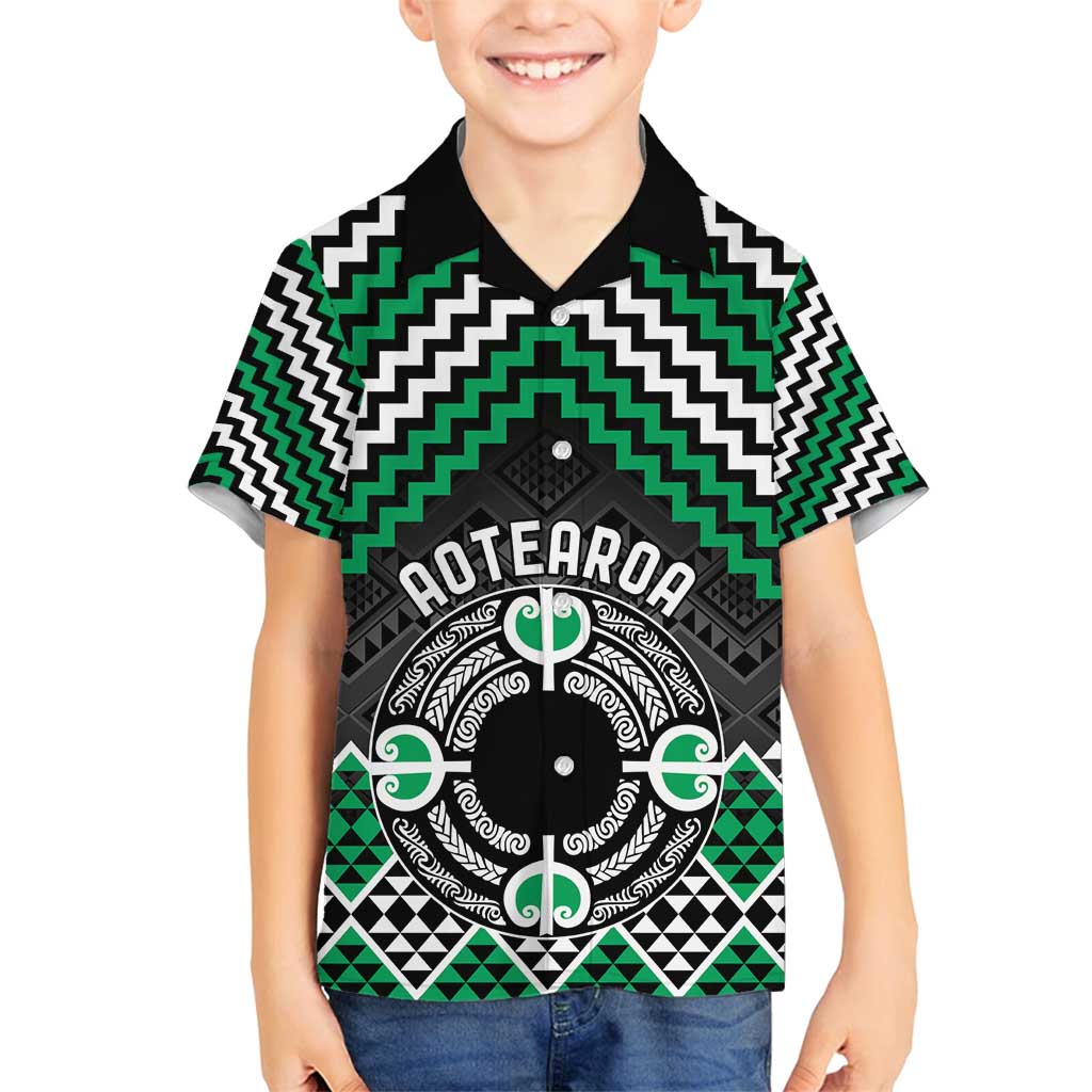 Personalised Aotearoa Niho Taniwha Motif Family Matching Summer Maxi Dress and Hawaiian Shirt Green Style LT9 Son's Shirt Green - Polynesian Pride