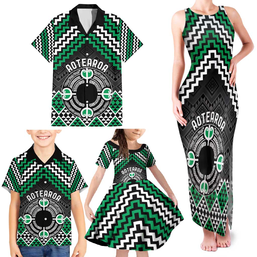 Personalised Aotearoa Niho Taniwha Motif Family Matching Tank Maxi Dress and Hawaiian Shirt Green Style LT9 - Polynesian Pride