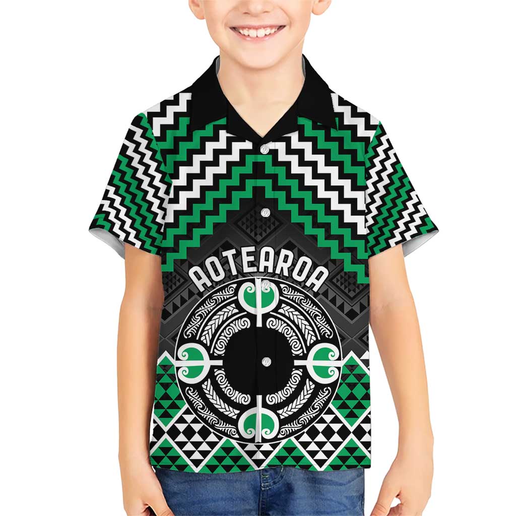 Personalised Aotearoa Niho Taniwha Motif Kid Hawaiian Shirt Green Style