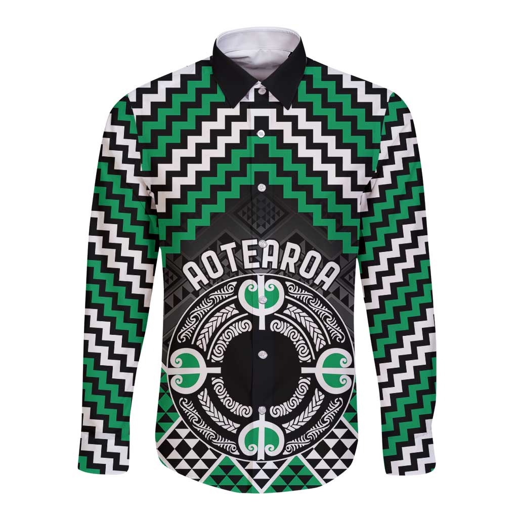 Personalised Aotearoa Niho Taniwha Motif Long Sleeve Button Shirt Green Style